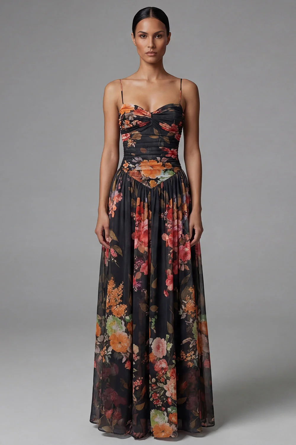Ivory Printed Spaghetti Straps A Line Floral Dress - Image 2