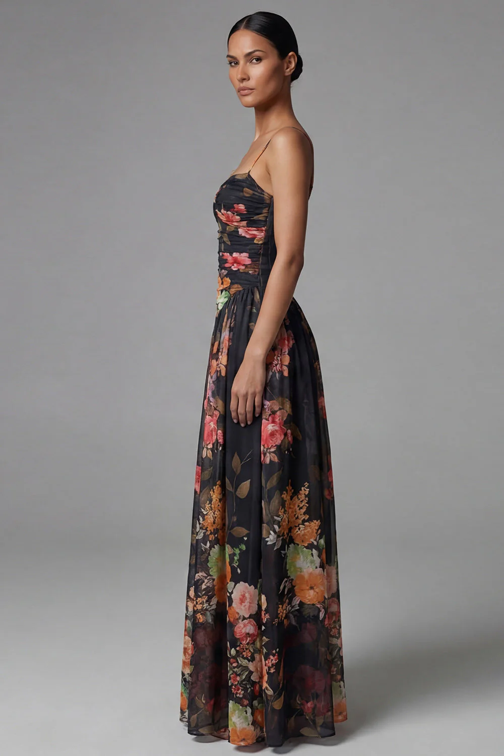 Ivory Printed Spaghetti Straps A Line Floral Dress - Image 4