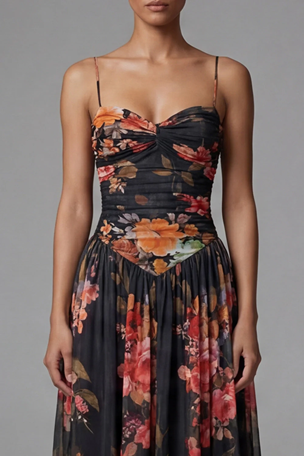 Ivory Printed Spaghetti Straps A Line Floral Dress - Image 5