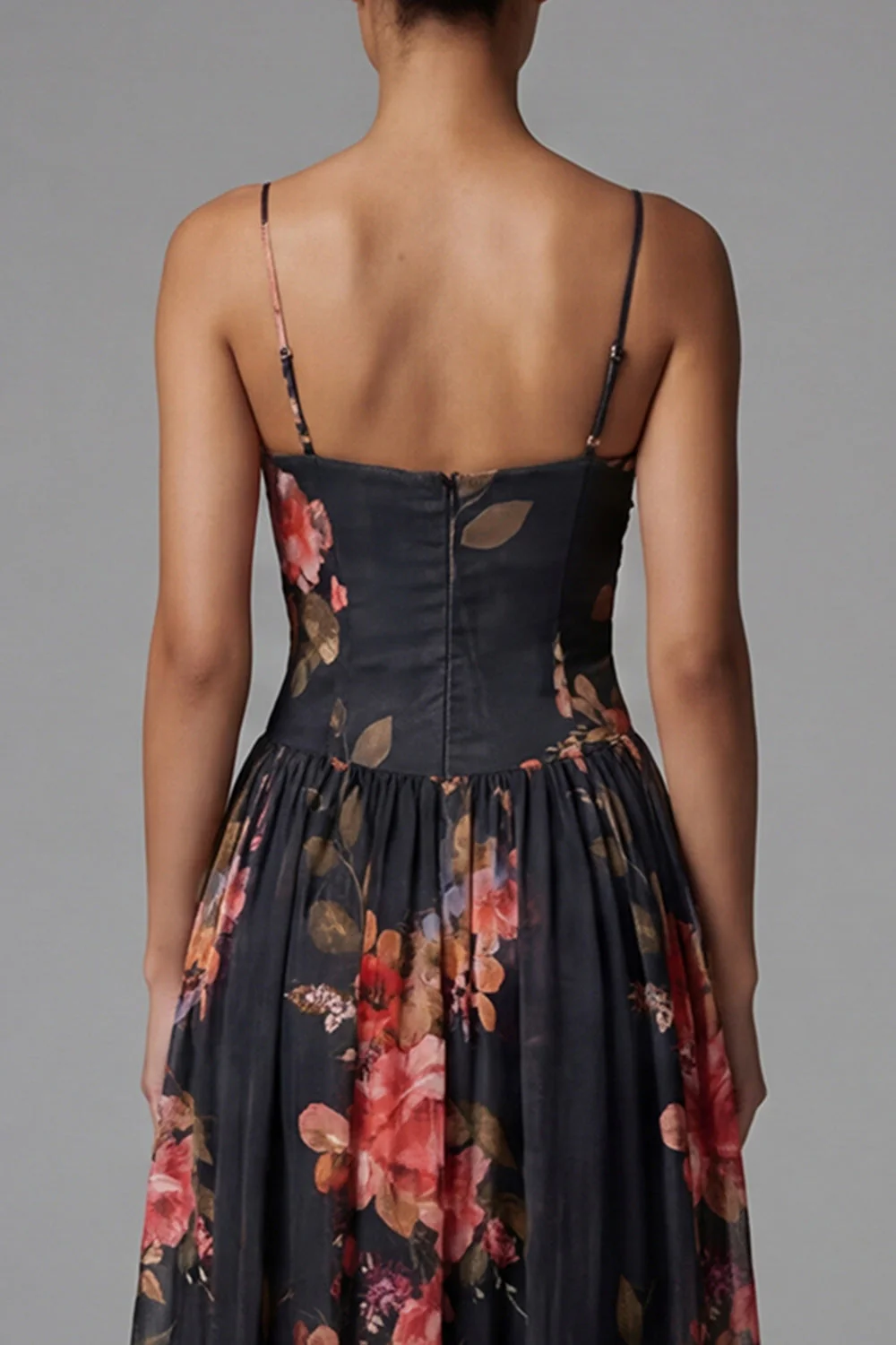 Ivory Printed Spaghetti Straps A Line Floral Dress - Image 6