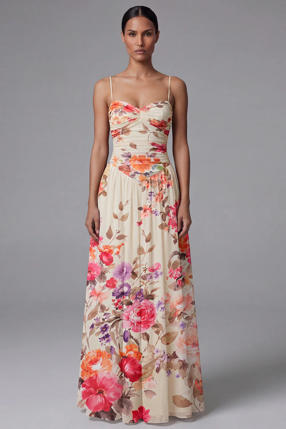 Ivory Printed Spaghetti Straps A Line Floral Dress - Image 7
