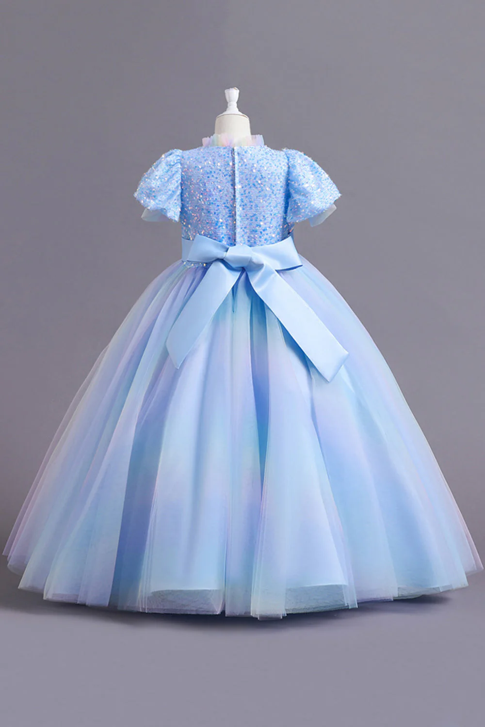 Puff Sleeves Blue Sequins Tulle Girls' Dress - Image 3