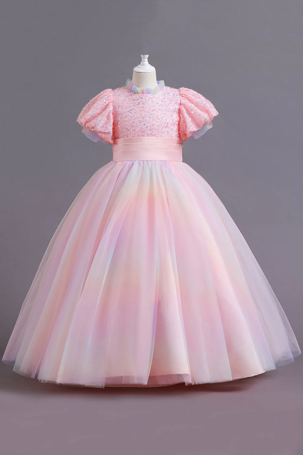 Puff Sleeves Blue Sequins Tulle Girls' Dress - Image 4