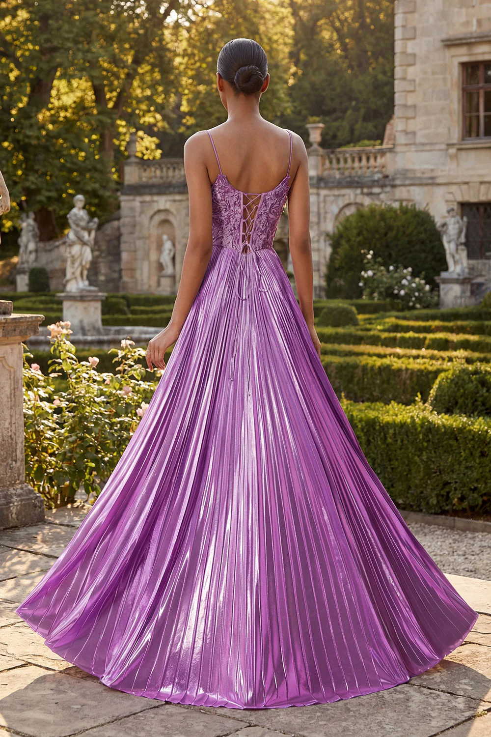 Purple Pleated A Line Spaghetti Straps Long Prom Dress with Slit - Image 3