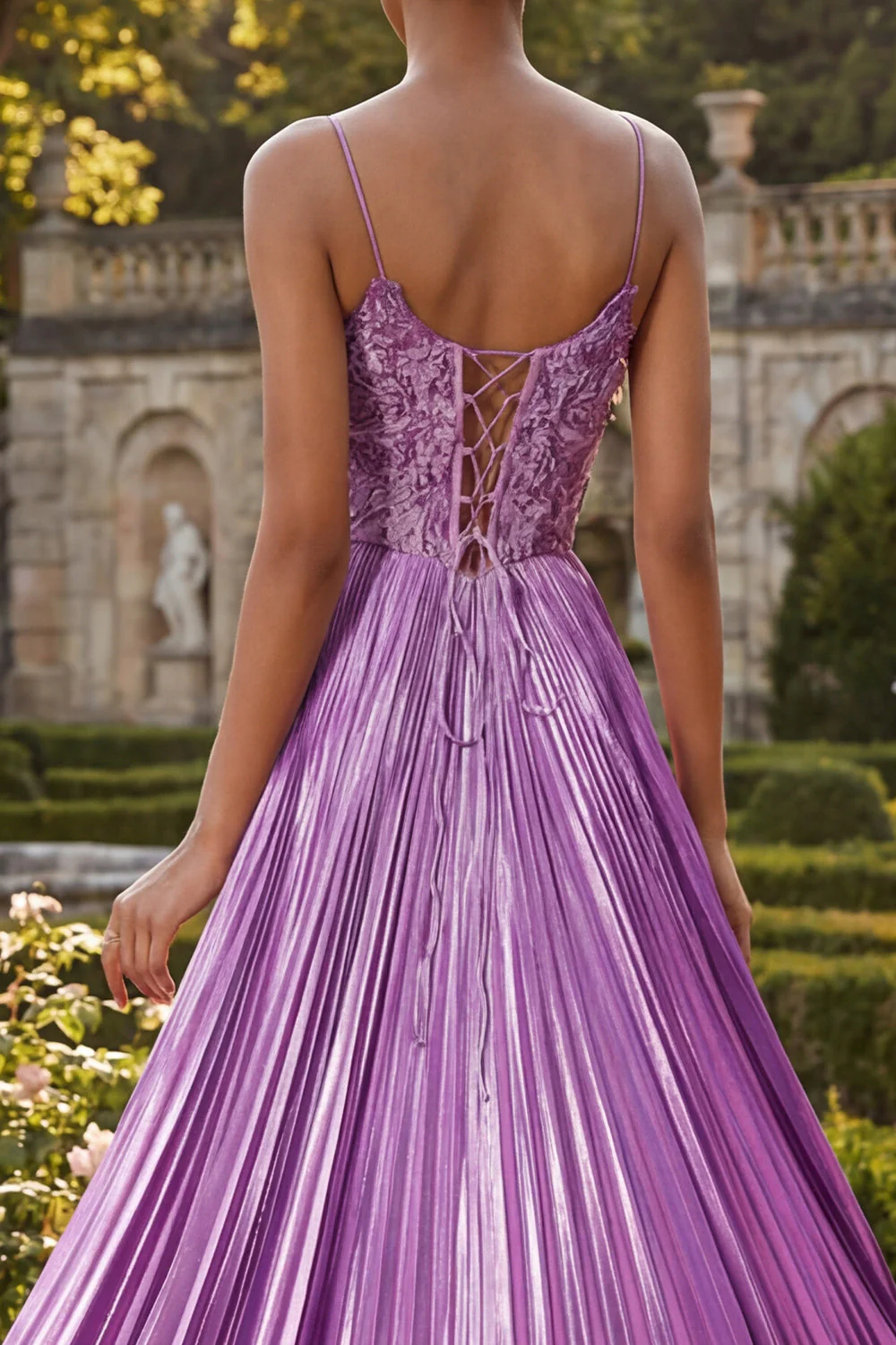 Purple Pleated A Line Spaghetti Straps Long Prom Dress with Slit - Image 4