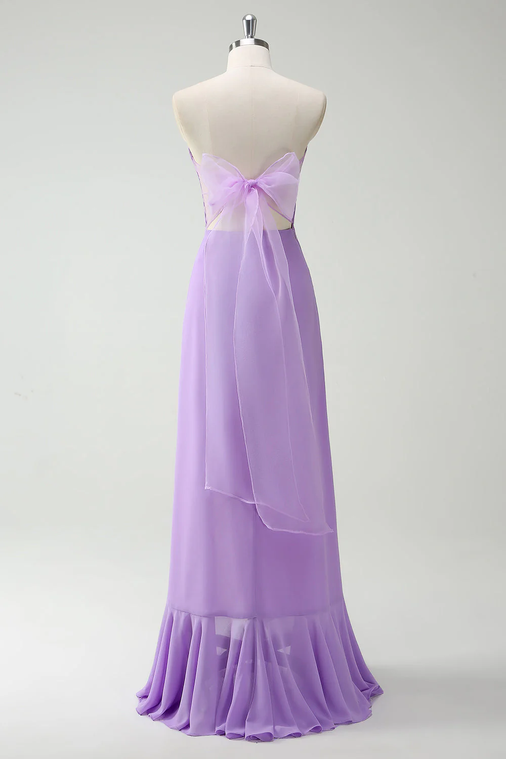 Purple A-Line Strapless Ruffled Long Bridesmaid Dress with Bow Ties - Image 2