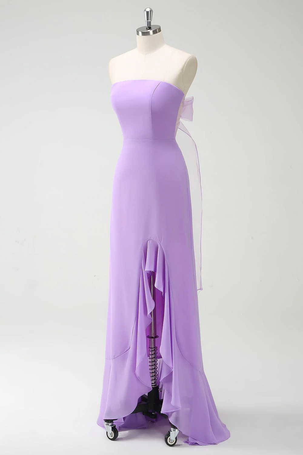 Purple A-Line Strapless Ruffled Long Bridesmaid Dress with Bow Ties - Image 3