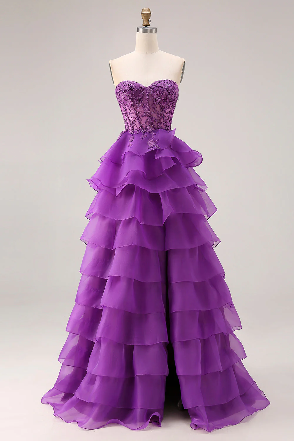 Purple Princess Sweetheart Sheer Corset Tiered Ruffle Long Prom Dress with Slit