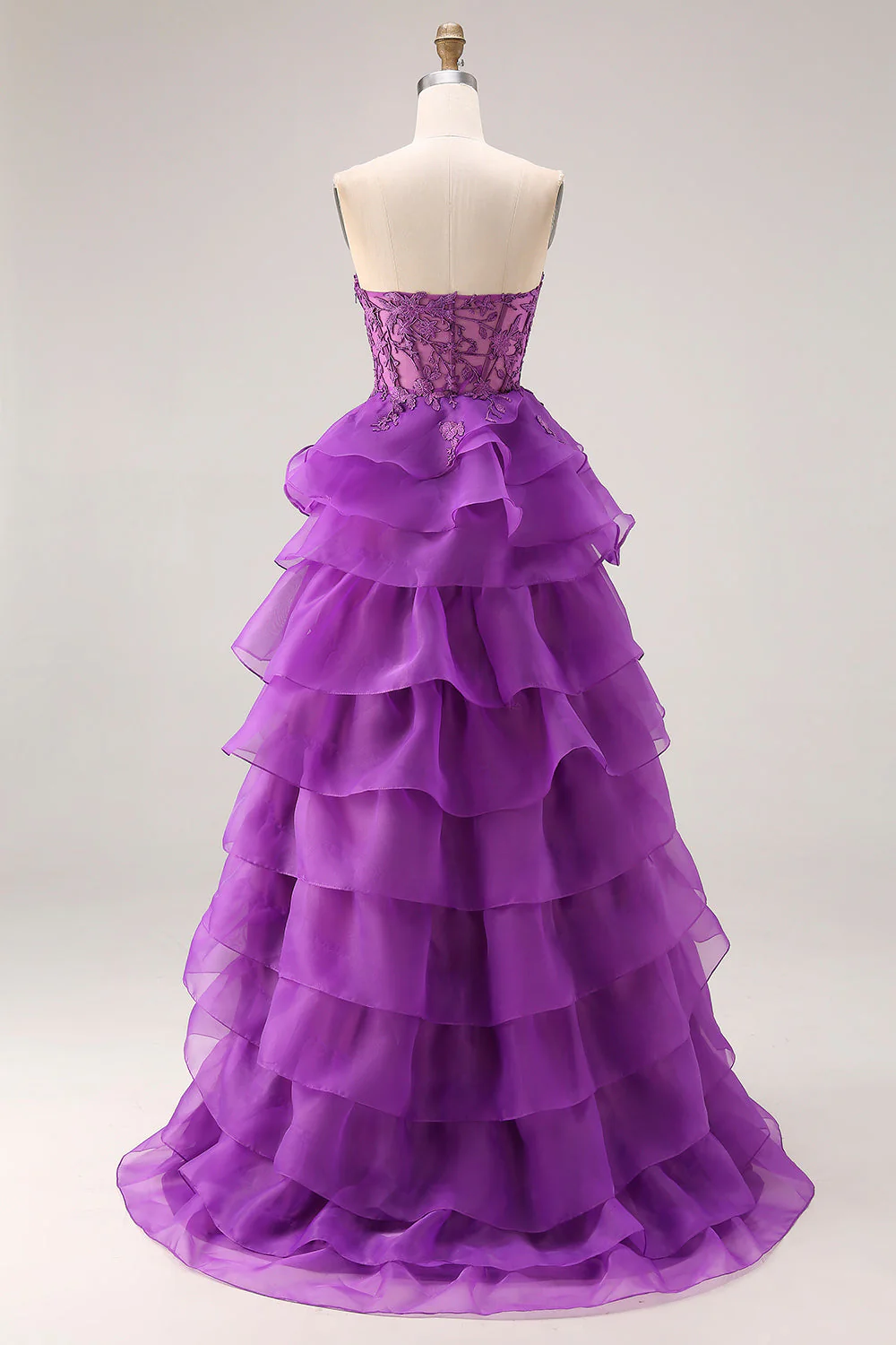 Purple Princess Sweetheart Sheer Corset Tiered Ruffle Long Prom Dress with Slit - Image 2