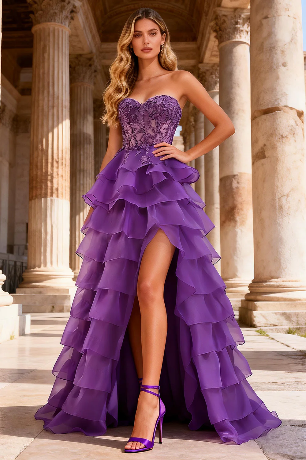 Purple Princess Sweetheart Sheer Corset Tiered Ruffle Long Prom Dress with Slit - Image 3
