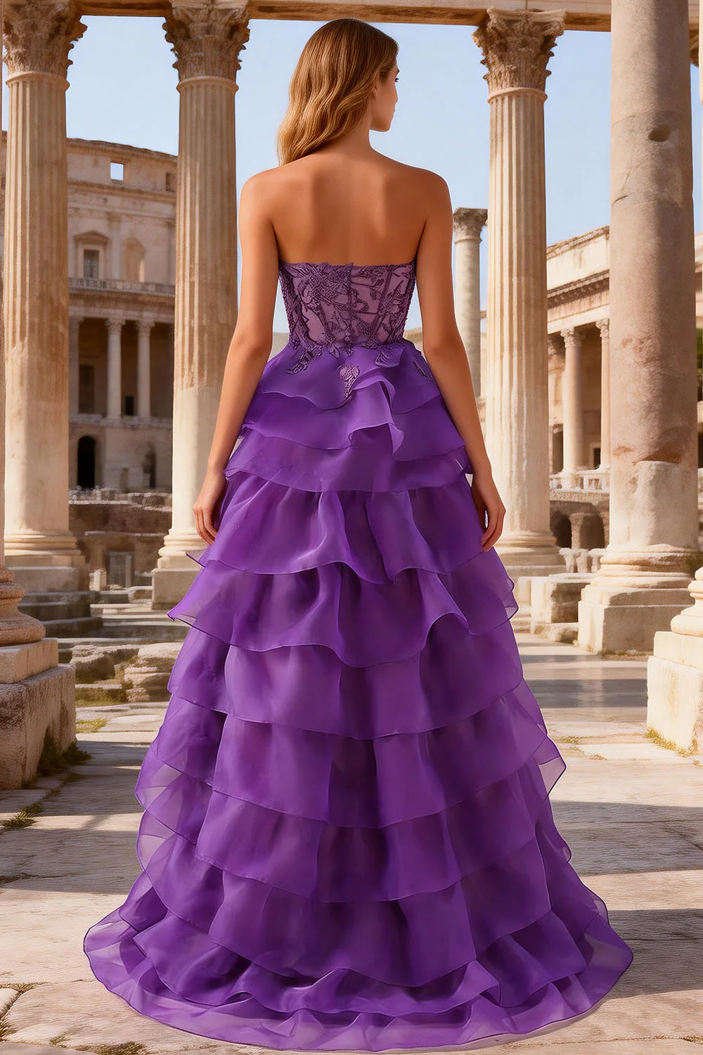 Purple Princess Sweetheart Sheer Corset Tiered Ruffle Long Prom Dress with Slit - Image 4