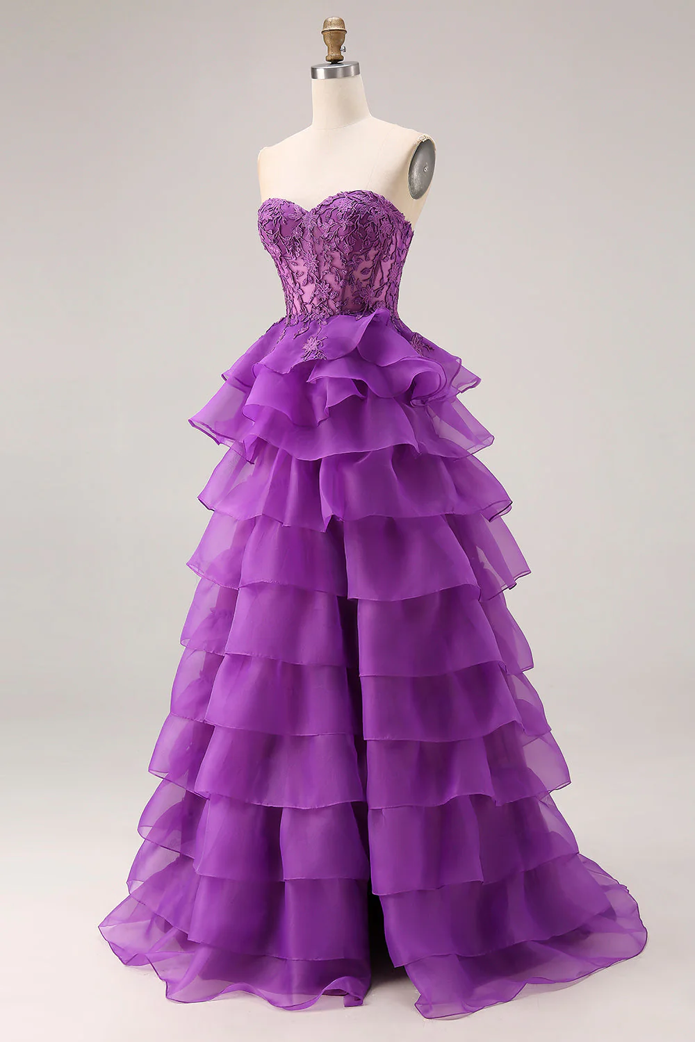 Purple Princess Sweetheart Sheer Corset Tiered Ruffle Long Prom Dress with Slit - Image 5