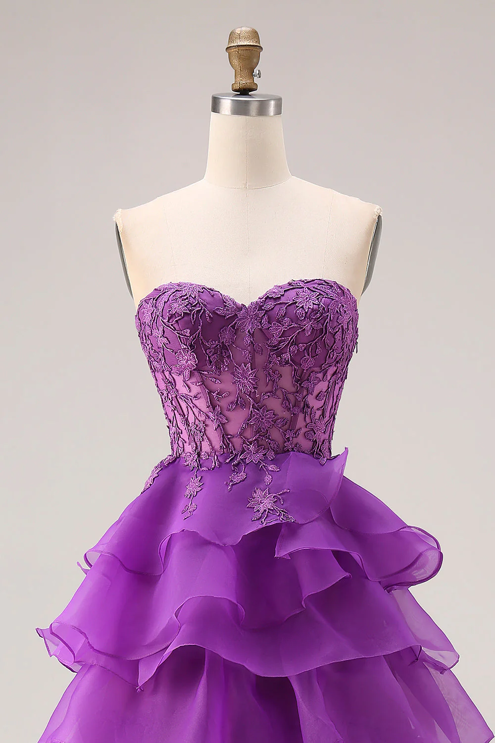 Purple Princess Sweetheart Sheer Corset Tiered Ruffle Long Prom Dress with Slit - Image 6