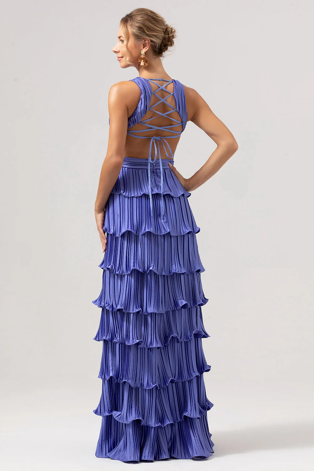 Purple A-Line V Neck Pleated Tiered Lace Up Back Long Bridesmaid Dress with Slit - Image 2