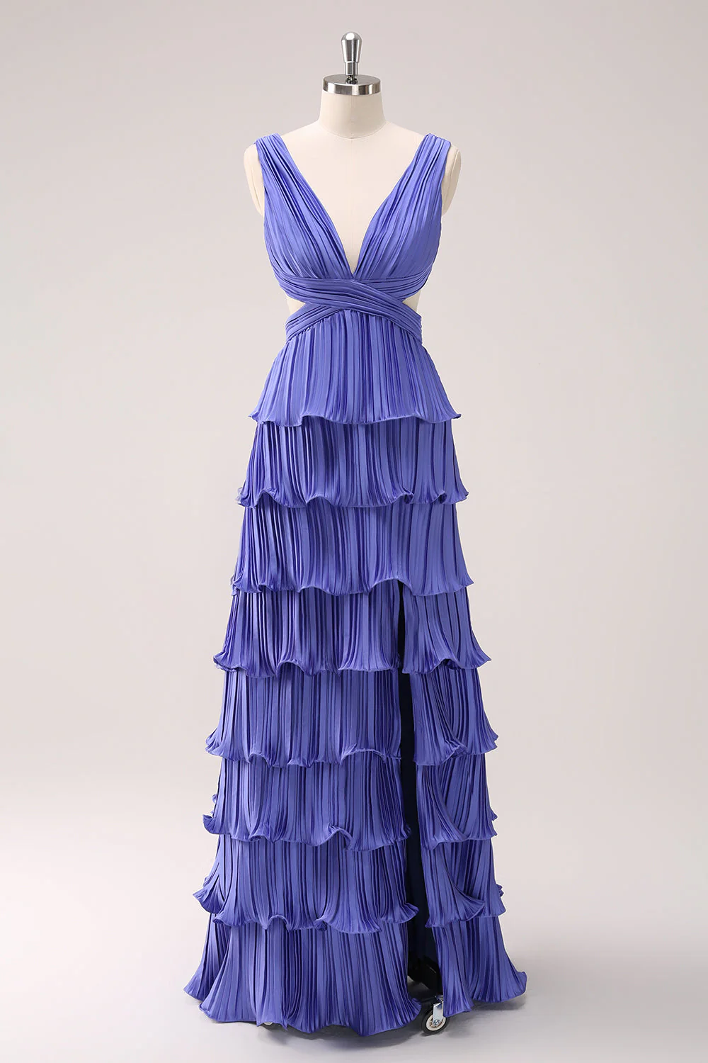 Purple A-Line V Neck Pleated Tiered Lace Up Back Long Bridesmaid Dress with Slit - Image 3