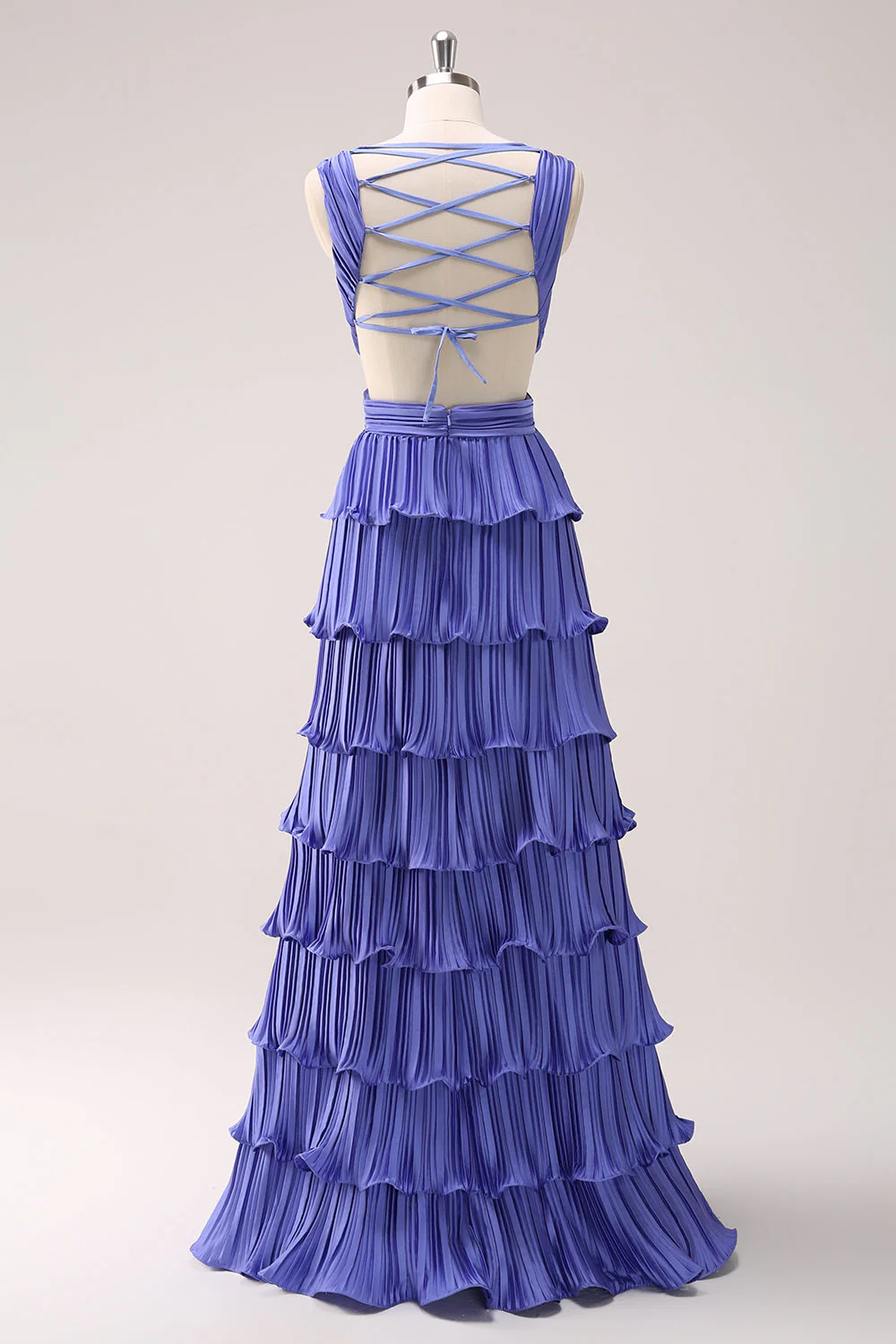 Purple A-Line V Neck Pleated Tiered Lace Up Back Long Bridesmaid Dress with Slit - Image 4