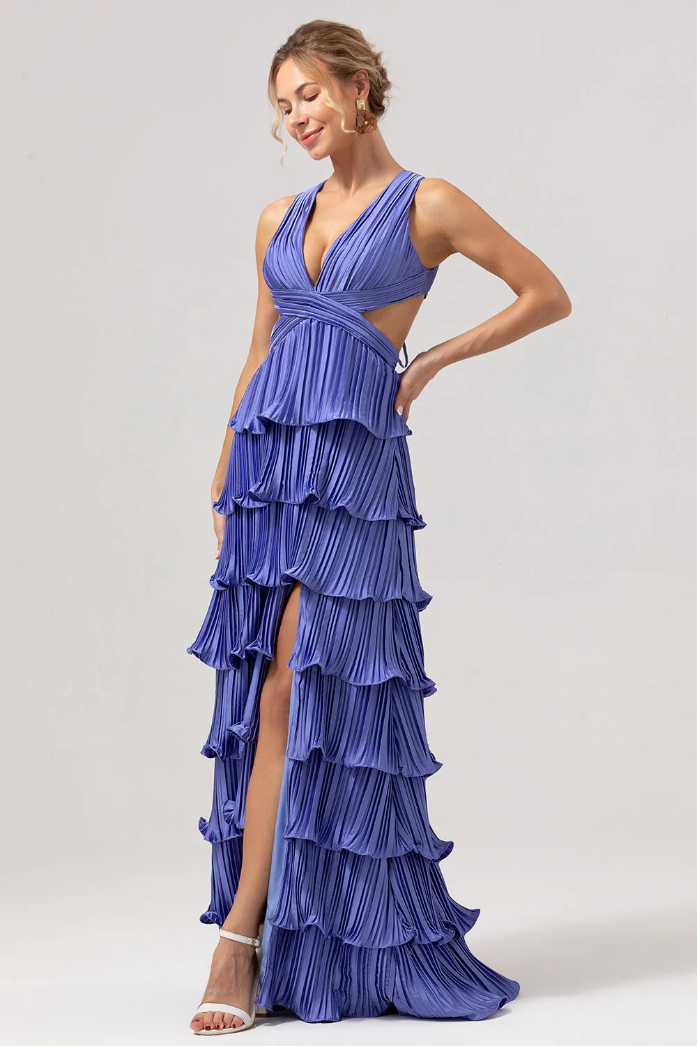 Purple A-Line V Neck Pleated Tiered Lace Up Back Long Bridesmaid Dress with Slit - Image 5