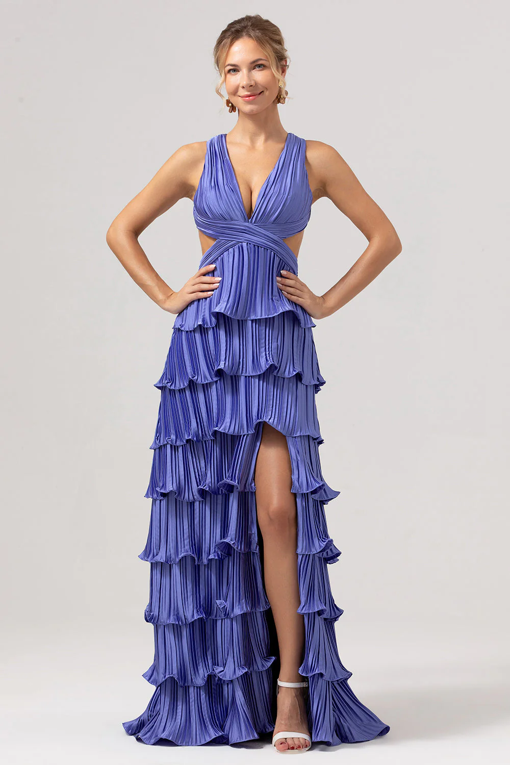 Purple A-Line V Neck Pleated Tiered Lace Up Back Long Bridesmaid Dress with Slit - Image 6