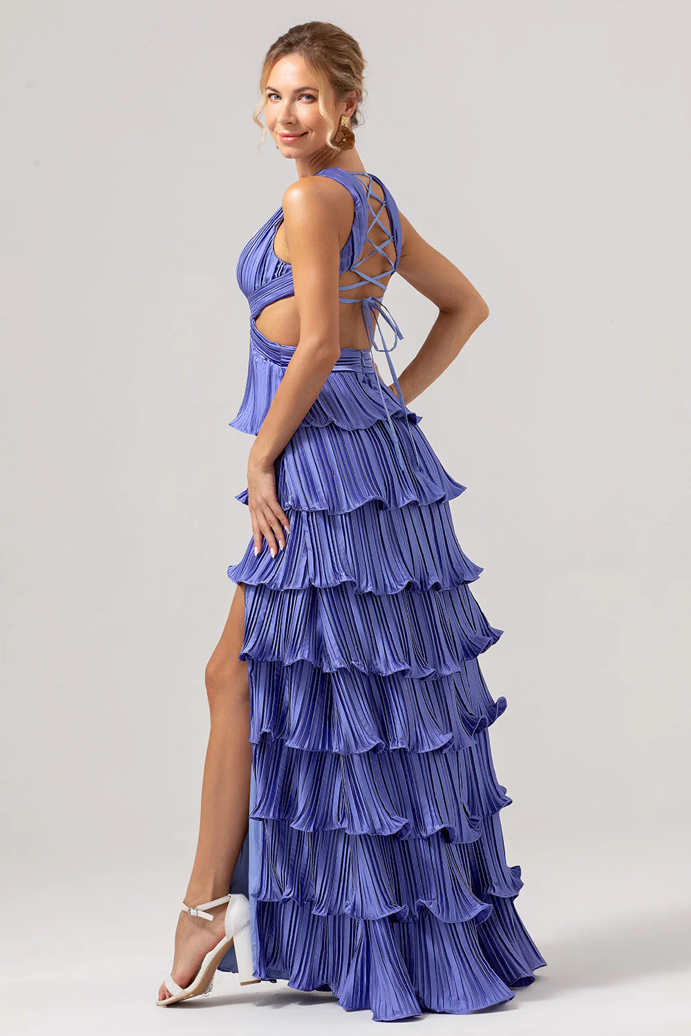 Purple A-Line V Neck Pleated Tiered Lace Up Back Long Bridesmaid Dress with Slit - Image 7