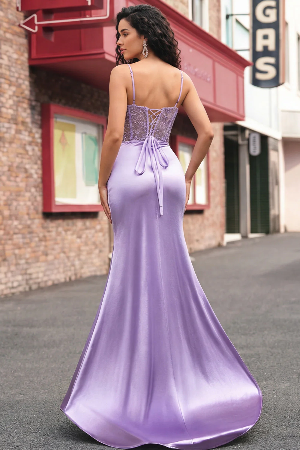 Purple Sheer Corset Mermaid Spaghetti Straps Long Prom Dress with Slit - Image 2