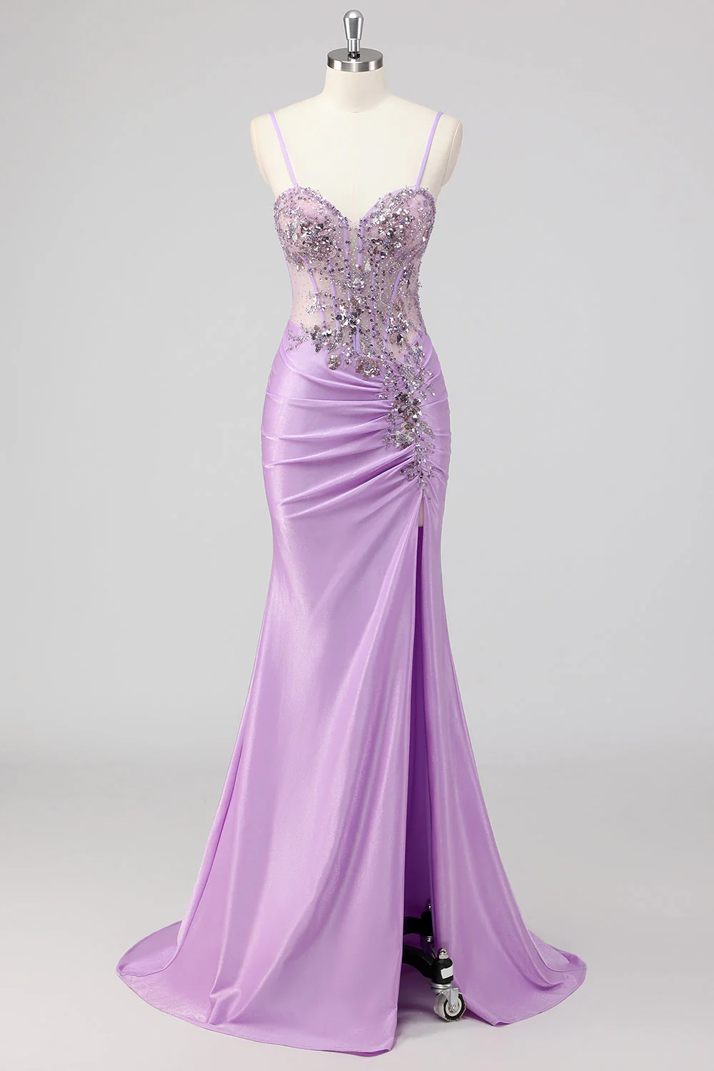 Purple Mermaid Spaghetti Straps Corset Sequin Long Prom Dress