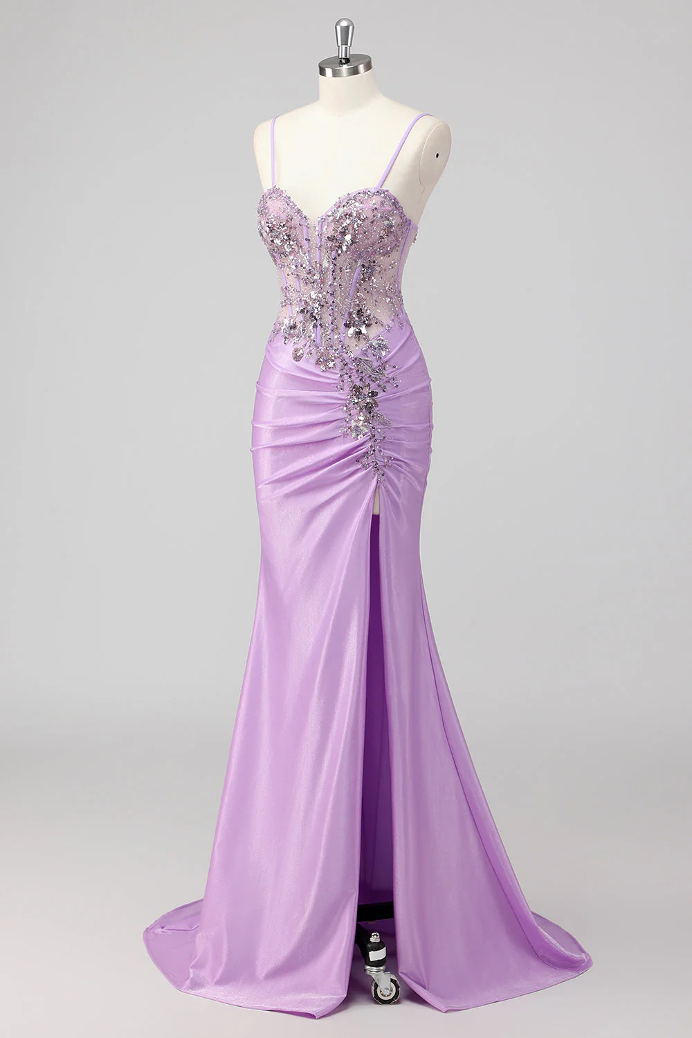 Purple Mermaid Spaghetti Straps Corset Sequin Long Prom Dress - Image 3