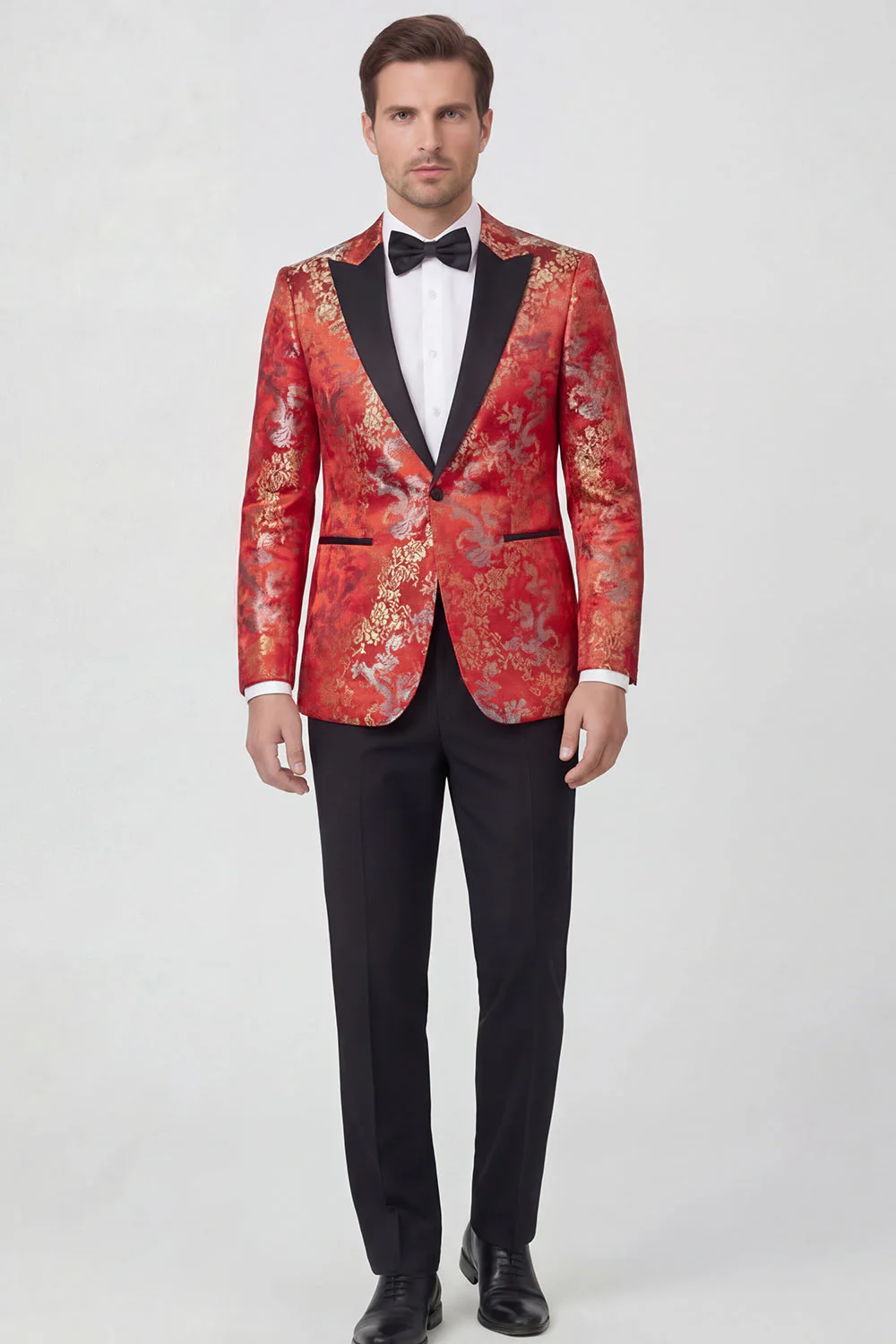 Red 2 Piece Peaked Lapel Jacquard Men's Prom Suits