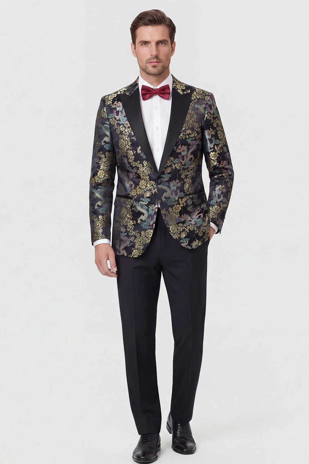 Red 2 Piece Peaked Lapel Jacquard Men's Prom Suits - Image 2