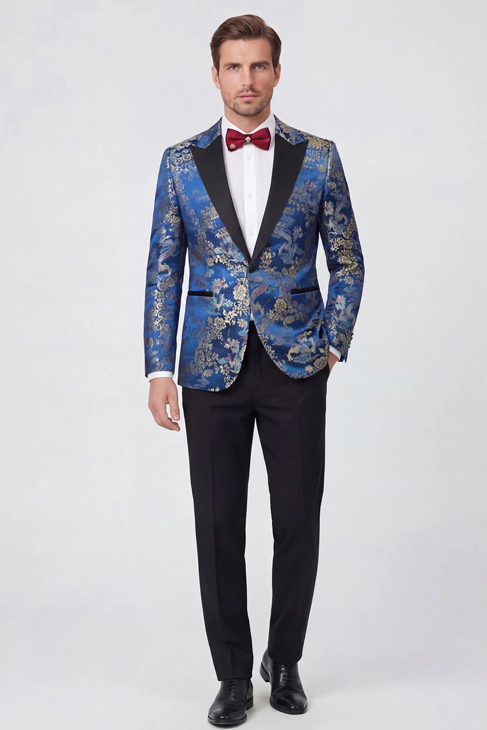 Red 2 Piece Peaked Lapel Jacquard Men's Prom Suits - Image 3