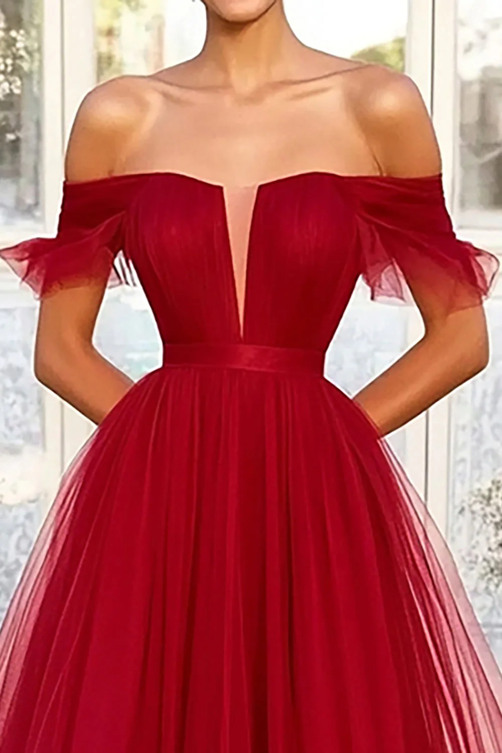 Red A-Line Off the Shoulder Tulle Prom Dress - Image 2