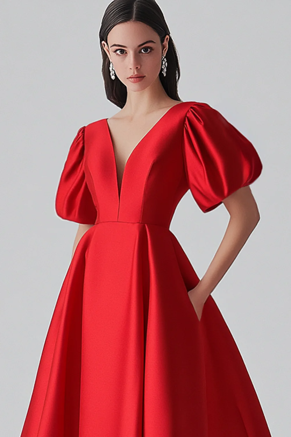 Red A Line Satin Formal Dress with Puff Sleeves - Image 3