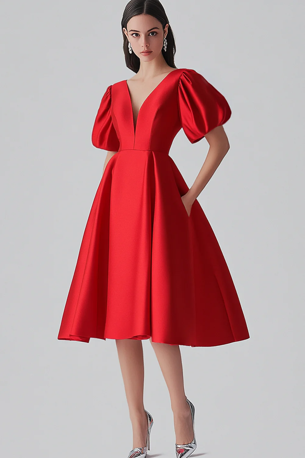 Red A Line Satin Formal Dress with Puff Sleeves - Image 4
