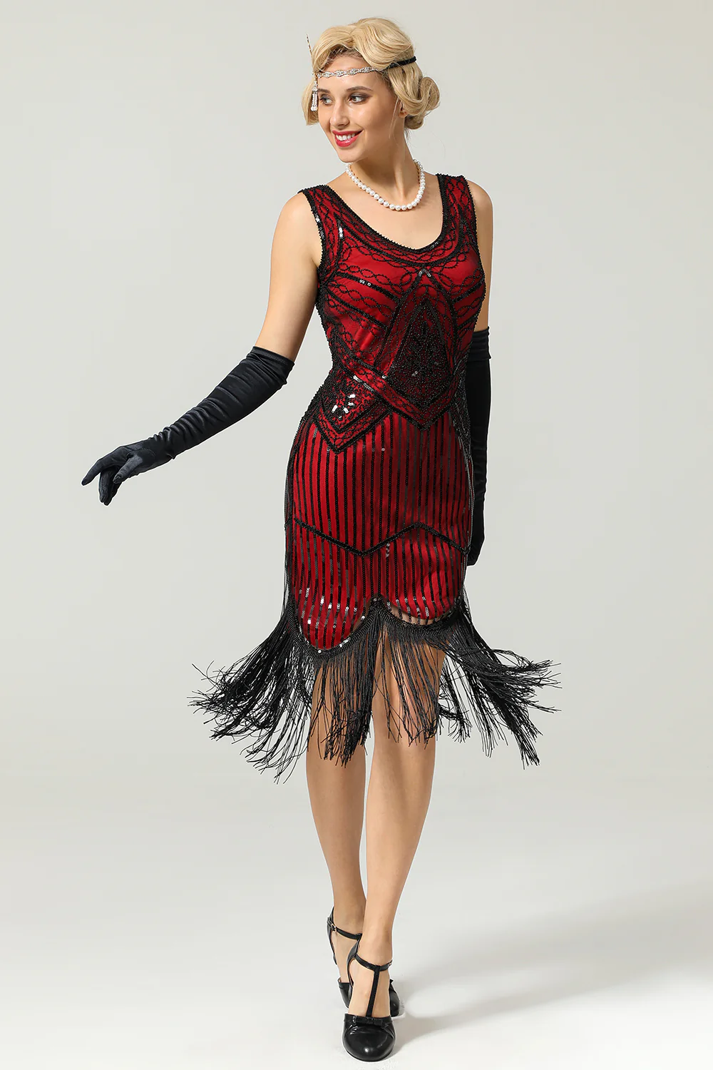 Red and Black Deep V Neck Flapper 1920s Dress - Image 3