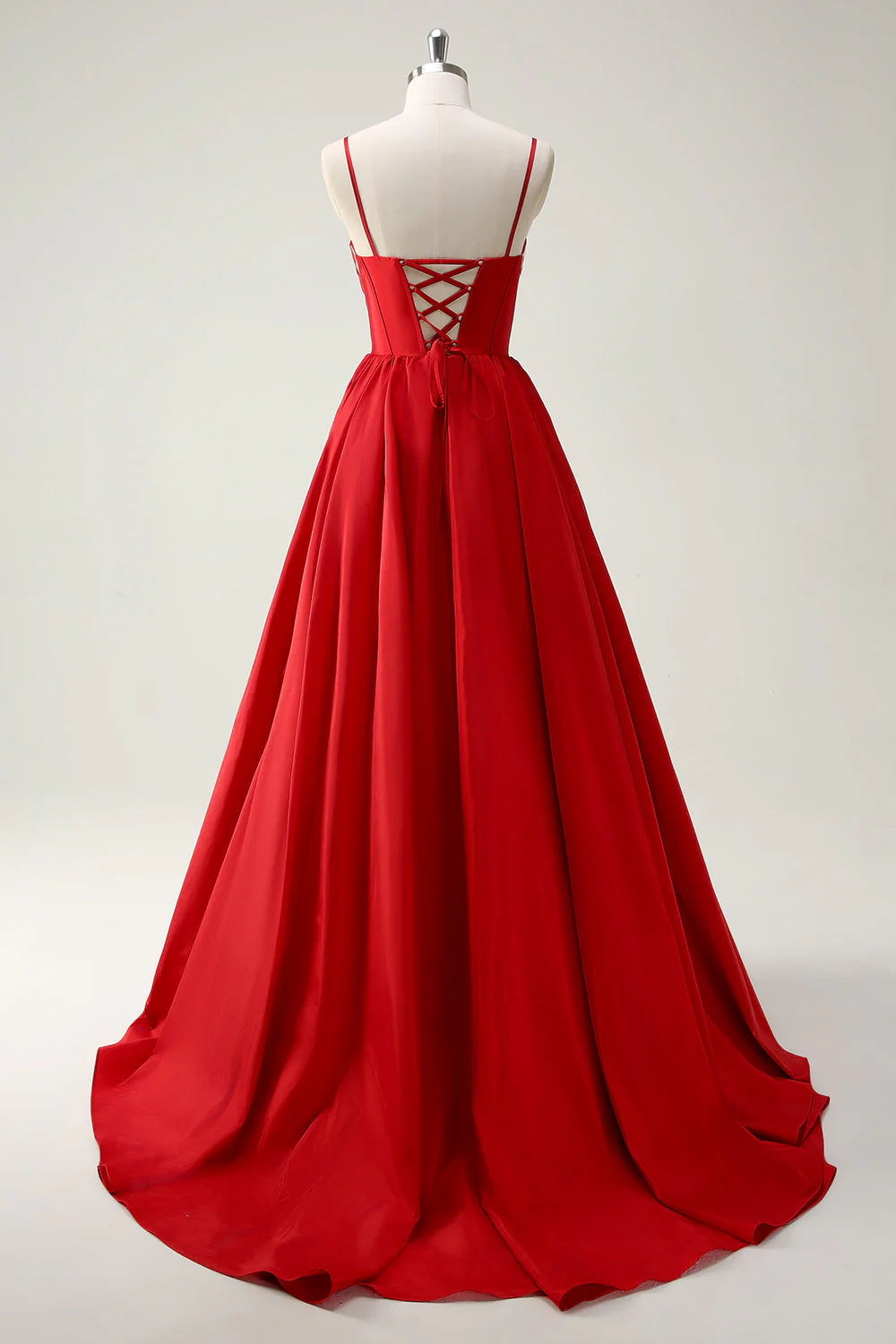 Red Ball-Gown Spaghetti Straps Lace Up Back Long Prom Dress with Slit - Image 2