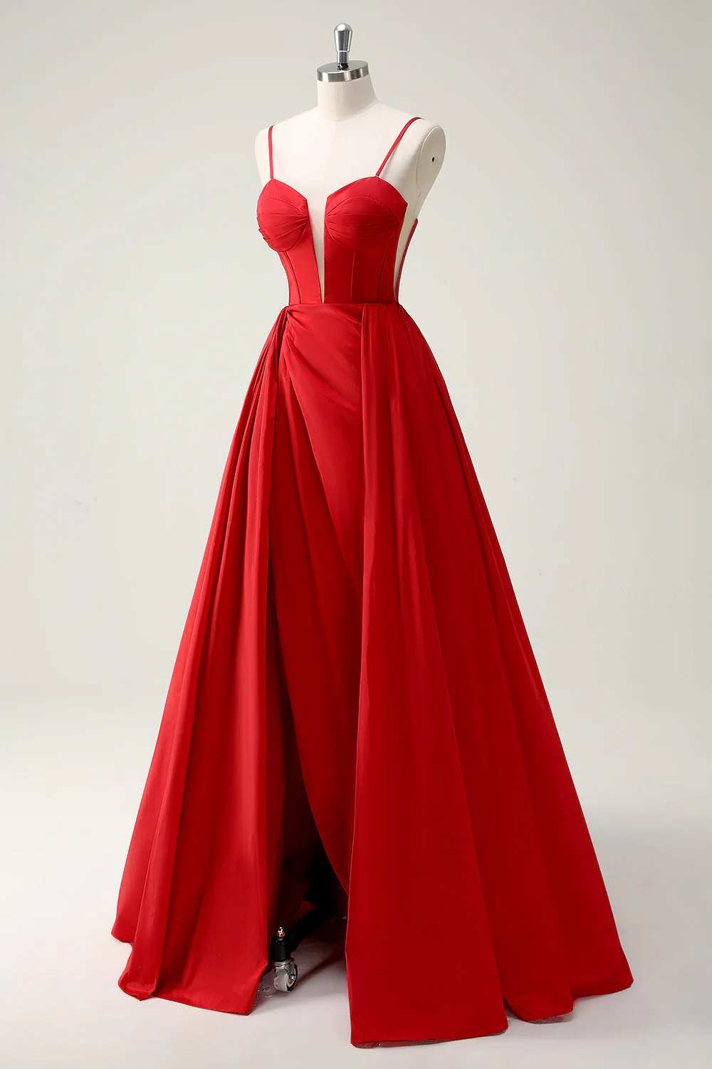 Red Ball-Gown Spaghetti Straps Lace Up Back Long Prom Dress with Slit - Image 3