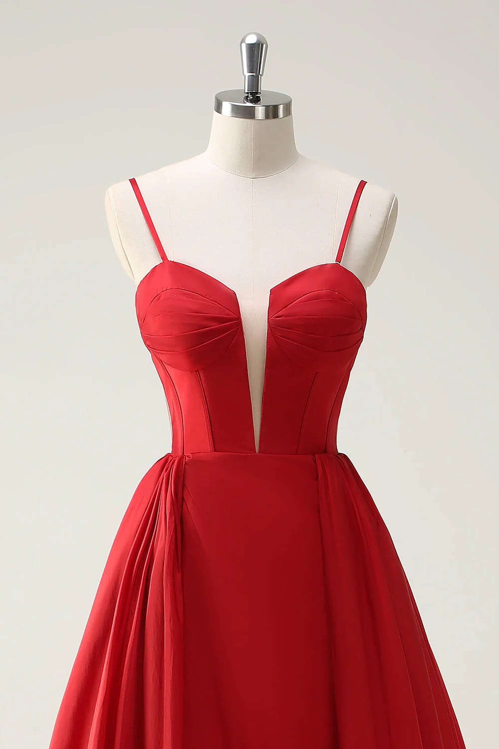 Red Ball-Gown Spaghetti Straps Lace Up Back Long Prom Dress with Slit - Image 4