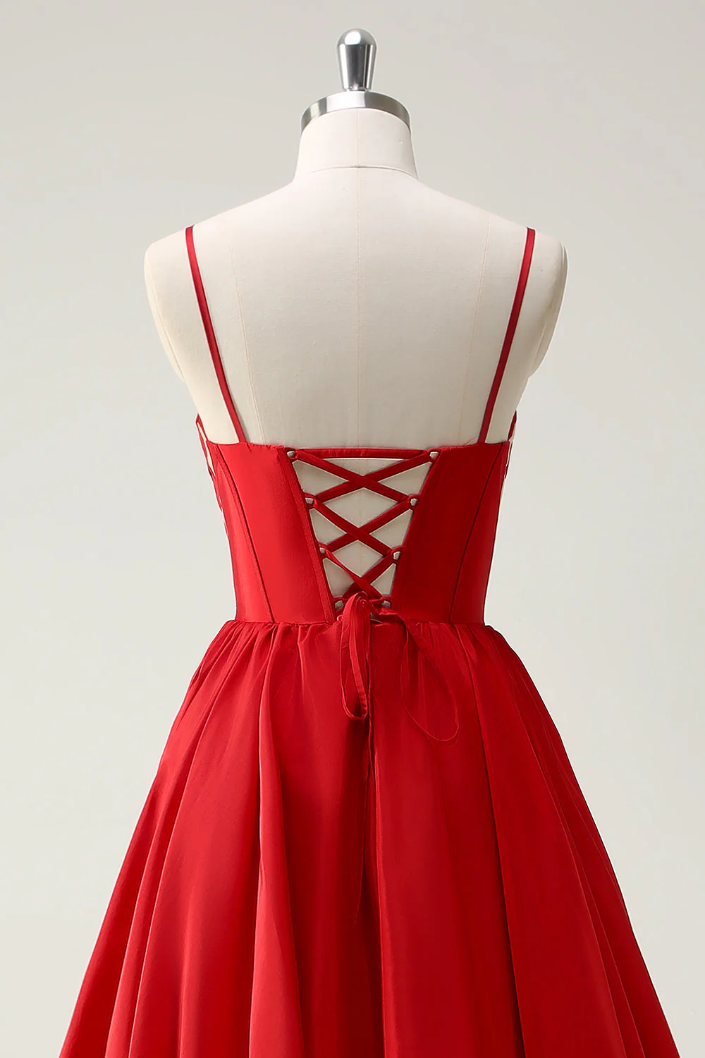 Red Ball-Gown Spaghetti Straps Lace Up Back Long Prom Dress with Slit - Image 5