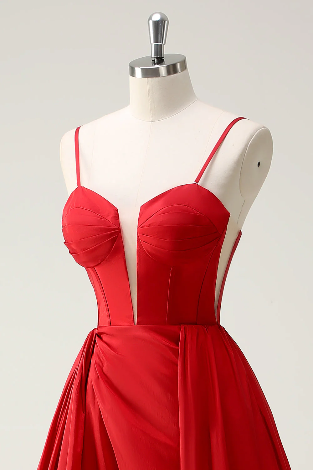 Red Ball-Gown Spaghetti Straps Lace Up Back Long Prom Dress with Slit - Image 6