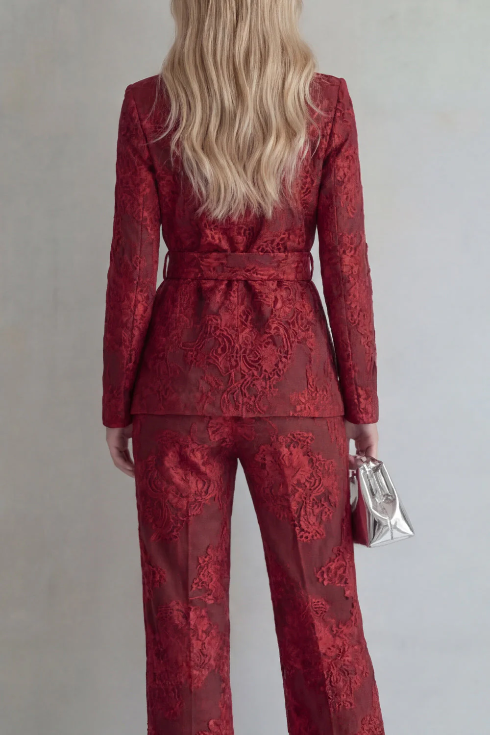 Red Lace Peak Lapel Floral 2 Piece Slim Fit Prom Suits with Belt - Image 4