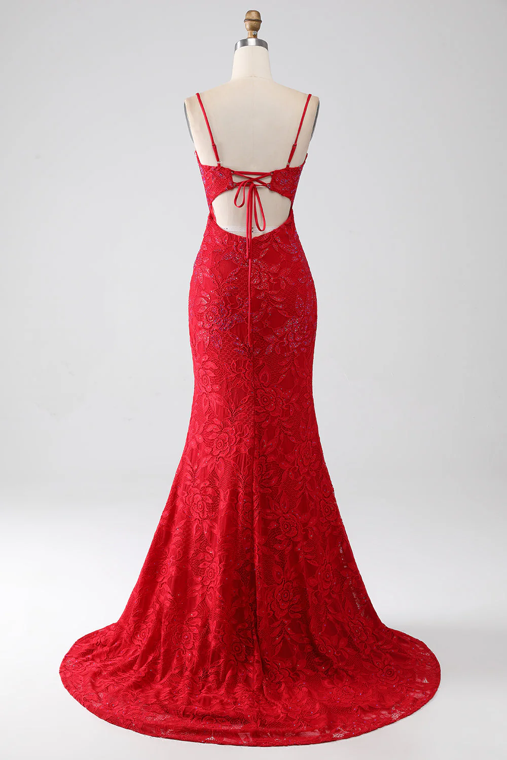 Red Mermaid Spaghetti Straps Beaded Lace Applique Prom Dress With Slit - Image 2