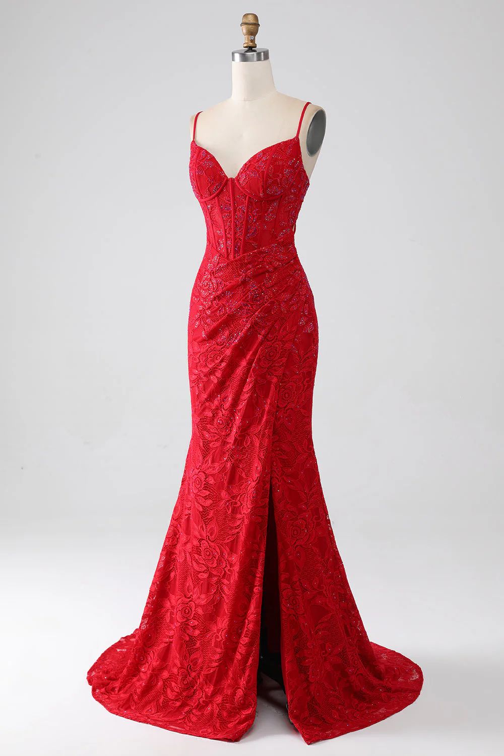 Red Mermaid Spaghetti Straps Beaded Lace Applique Prom Dress With Slit - Image 3