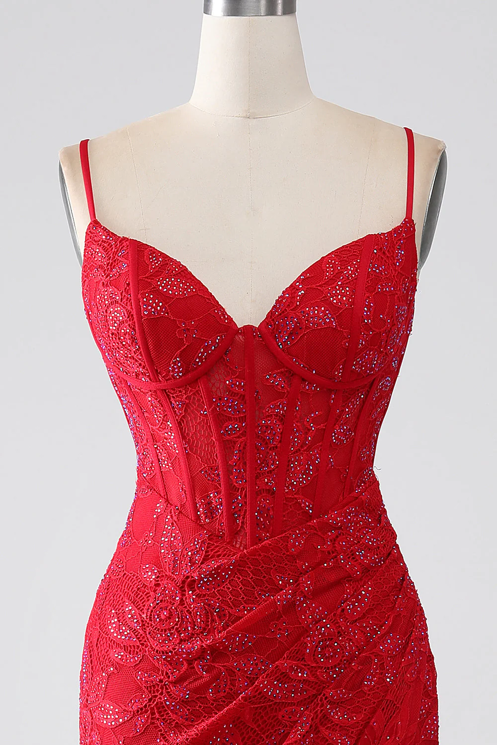 Red Mermaid Spaghetti Straps Beaded Lace Applique Prom Dress With Slit - Image 4