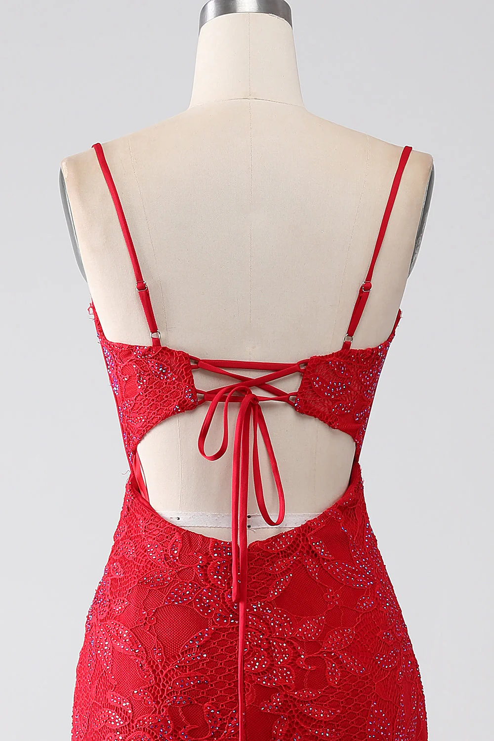 Red Mermaid Spaghetti Straps Beaded Lace Applique Prom Dress With Slit - Image 5