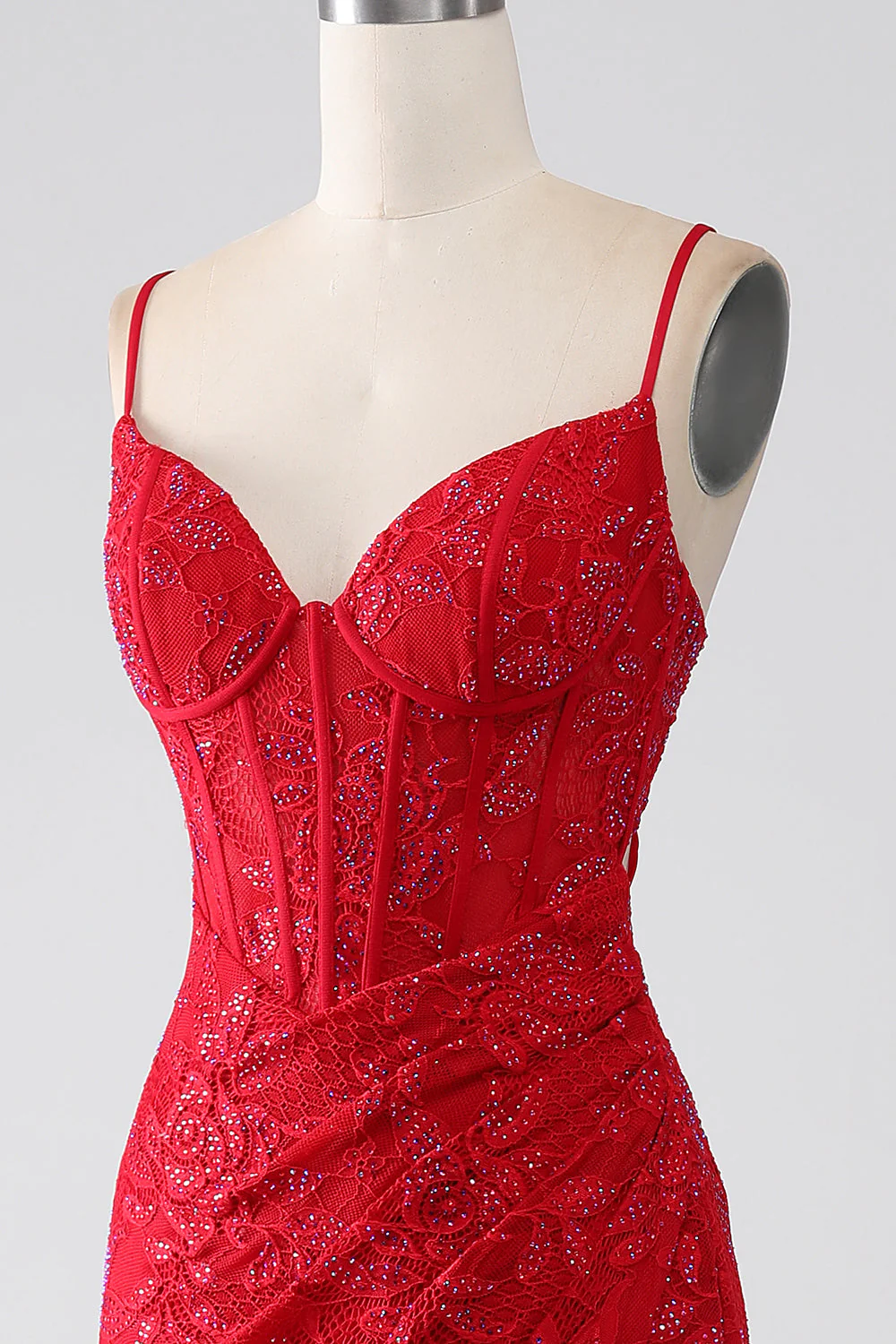 Red Mermaid Spaghetti Straps Beaded Lace Applique Prom Dress With Slit - Image 6