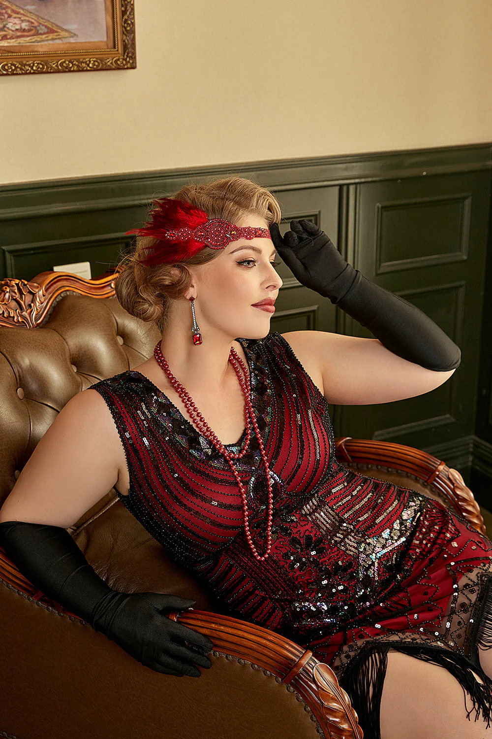 Red Sequin Plus Size 1920s Dress with Fringes - Image 4
