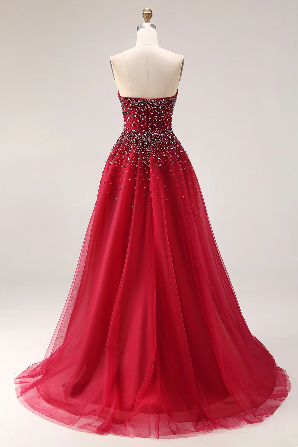 Red A-Line Strapless Tulle Long Prom Dress with Beading - Image 2
