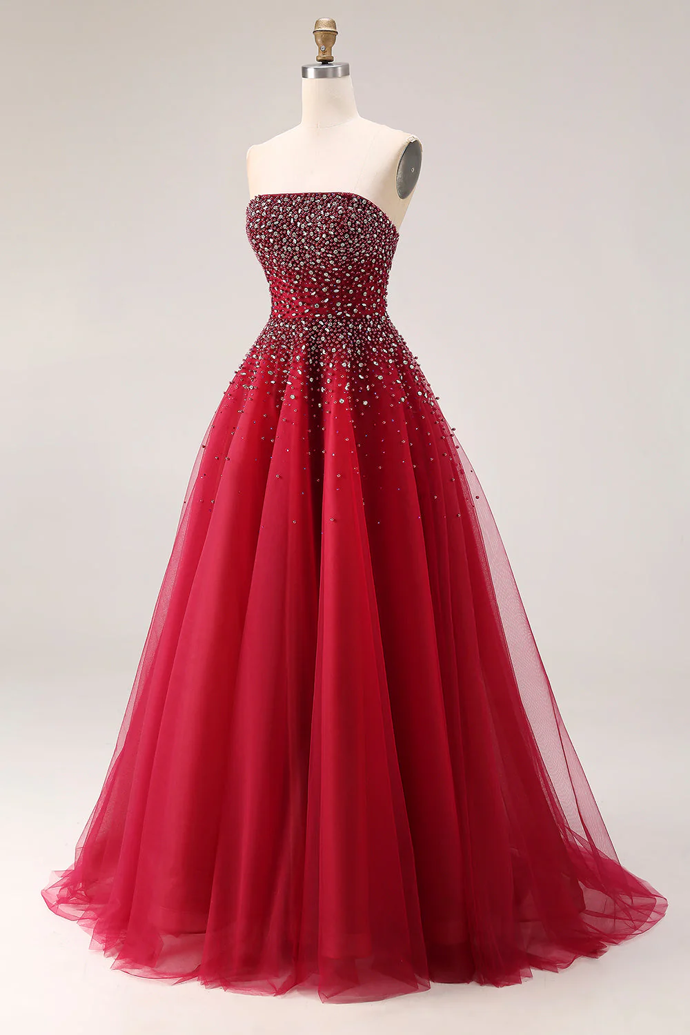 Red A-Line Strapless Tulle Long Prom Dress with Beading - Image 3