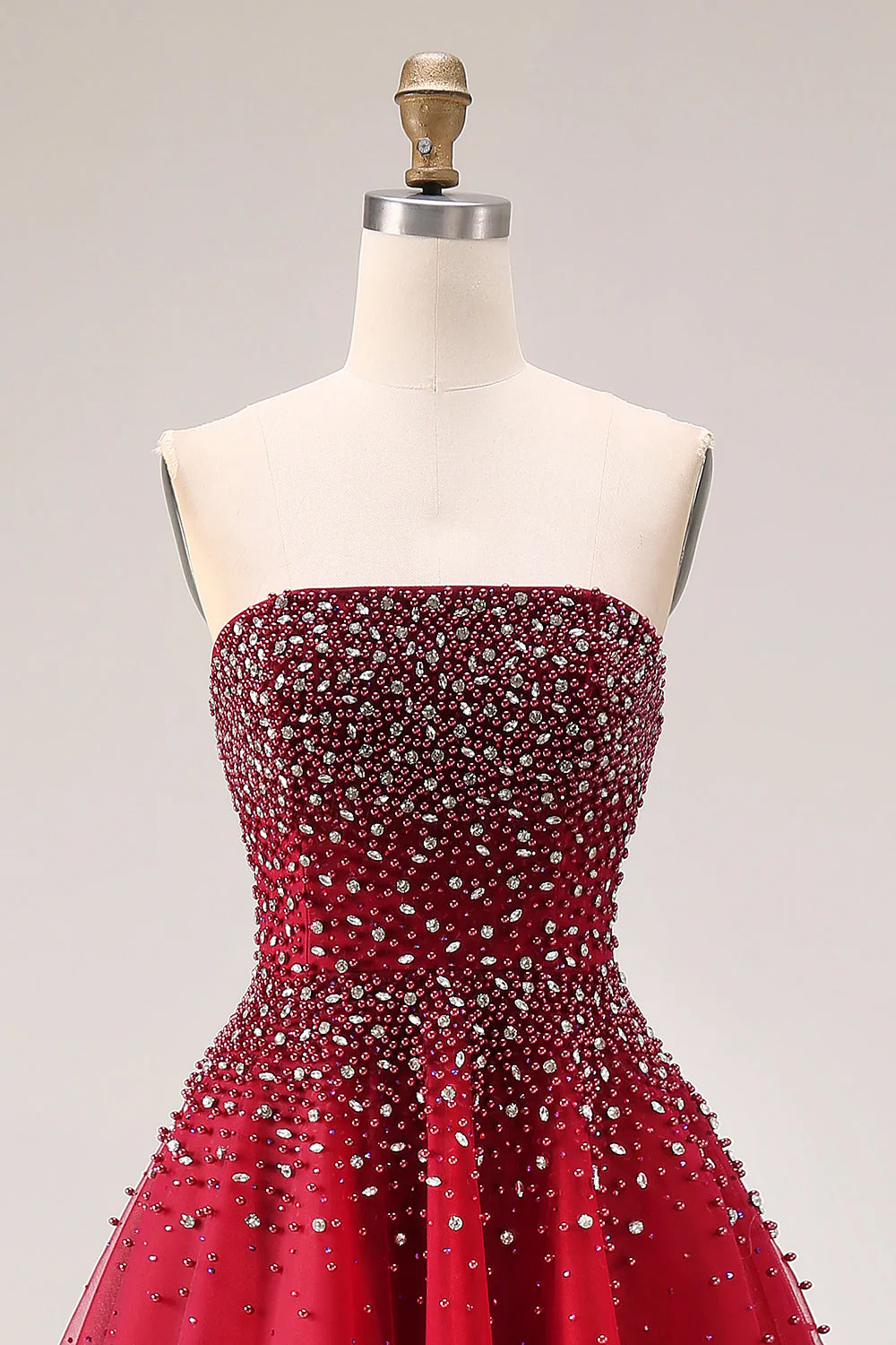 Red A-Line Strapless Tulle Long Prom Dress with Beading - Image 4
