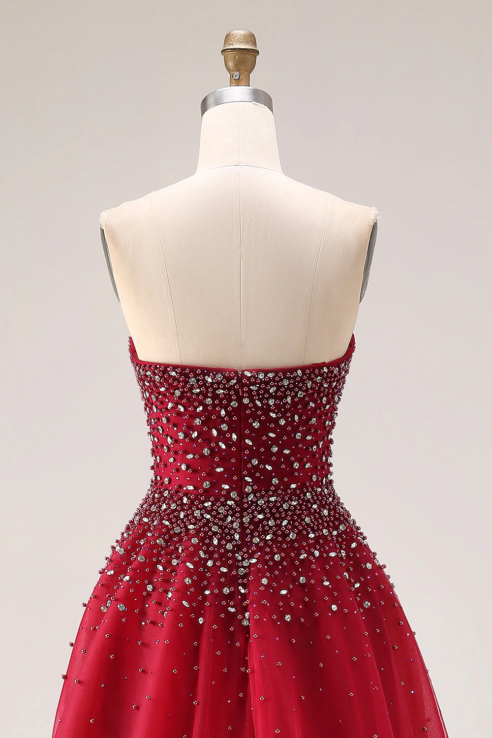 Red A-Line Strapless Tulle Long Prom Dress with Beading - Image 5