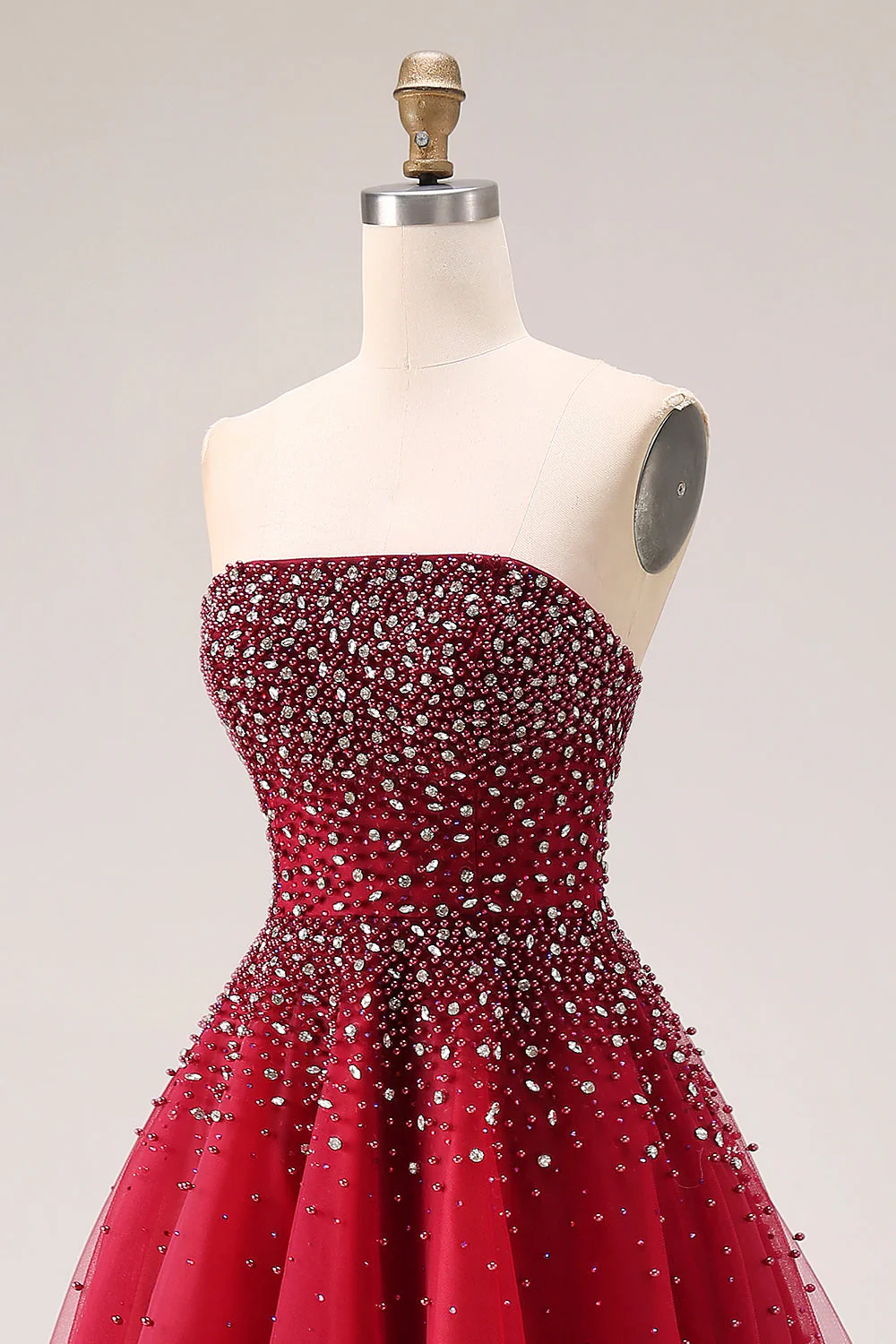 Red A-Line Strapless Tulle Long Prom Dress with Beading - Image 6